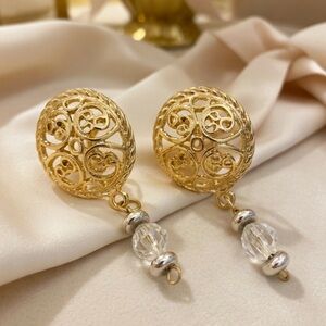 Vintage Gold Tone Filigree Round Circle Dangle Drop Bead Earrings Cocktail